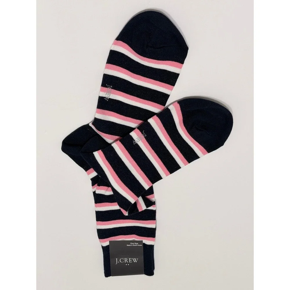 J.Crew Navy Pink White Striped Cotton Blend Crew Socks One Size BL8133
